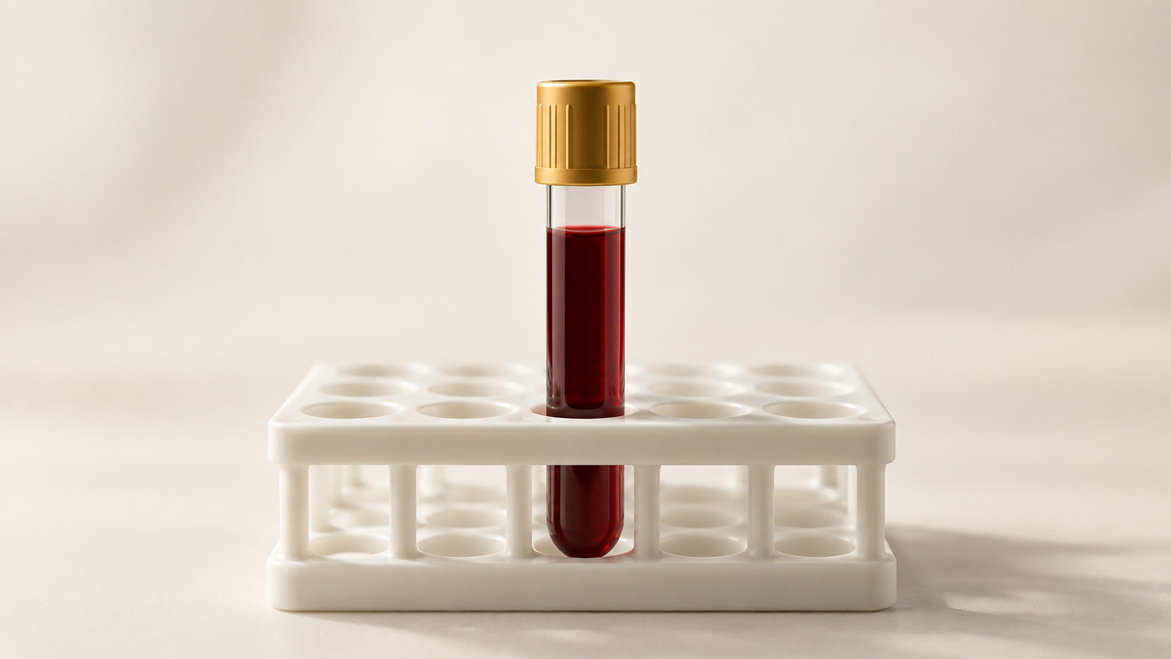 Tubo de coleta de sangue com tampa dourada em uma estante de laboratório