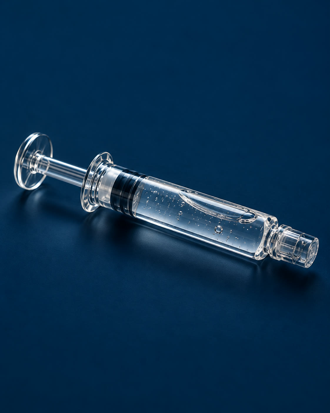 Seringa transparente com gel de ácido hialurônico sobre fundo azul escuro